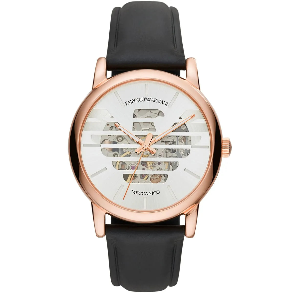 Emporio Armani Luigi automatic watch with silver skeleton dial and rose gold case