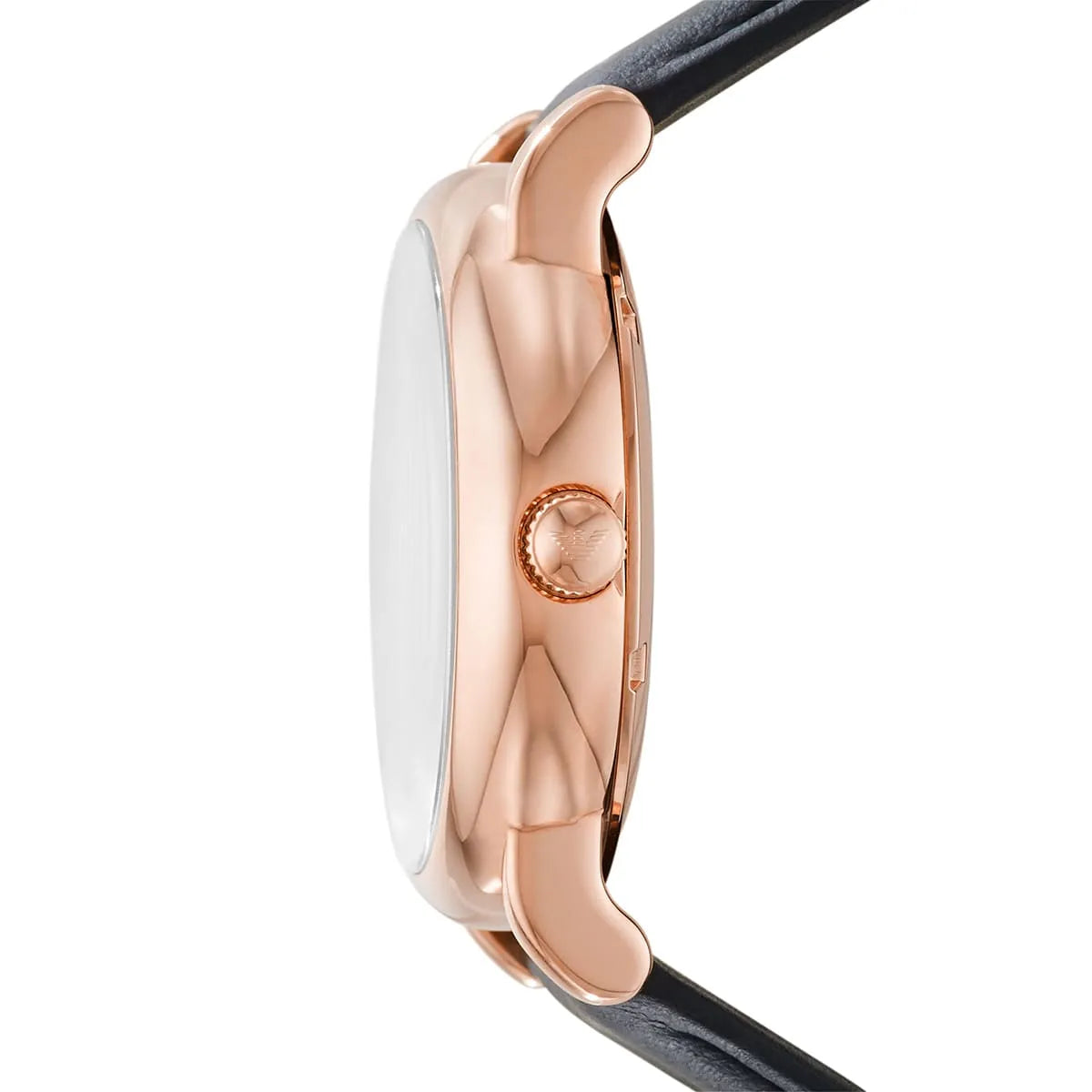 Emporio Armani Luigi watch side view showing thin case profile and black leather strap