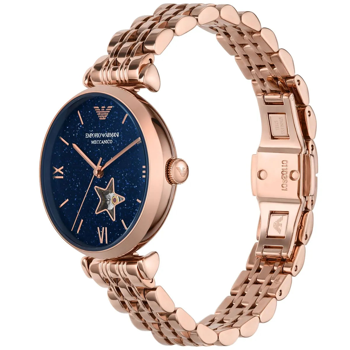 Emporio Armani Meccanico Gianni women's watch displayed at angle showing case and rose gold bracelet