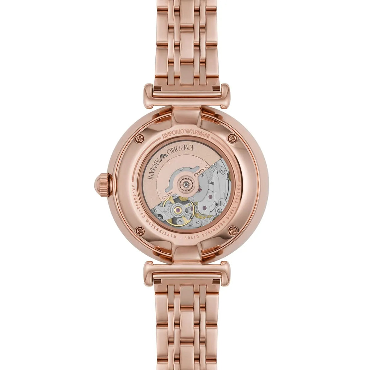 Emporio Armani Meccanico Gianni watch caseback showing automatic movement and mechanism