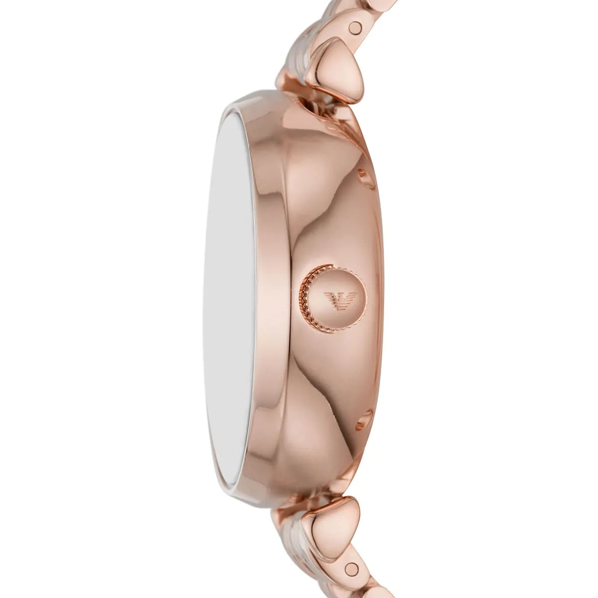 Emporio Armani Meccanico Gianni women's watch side profile showing T-bar case and rose gold finish