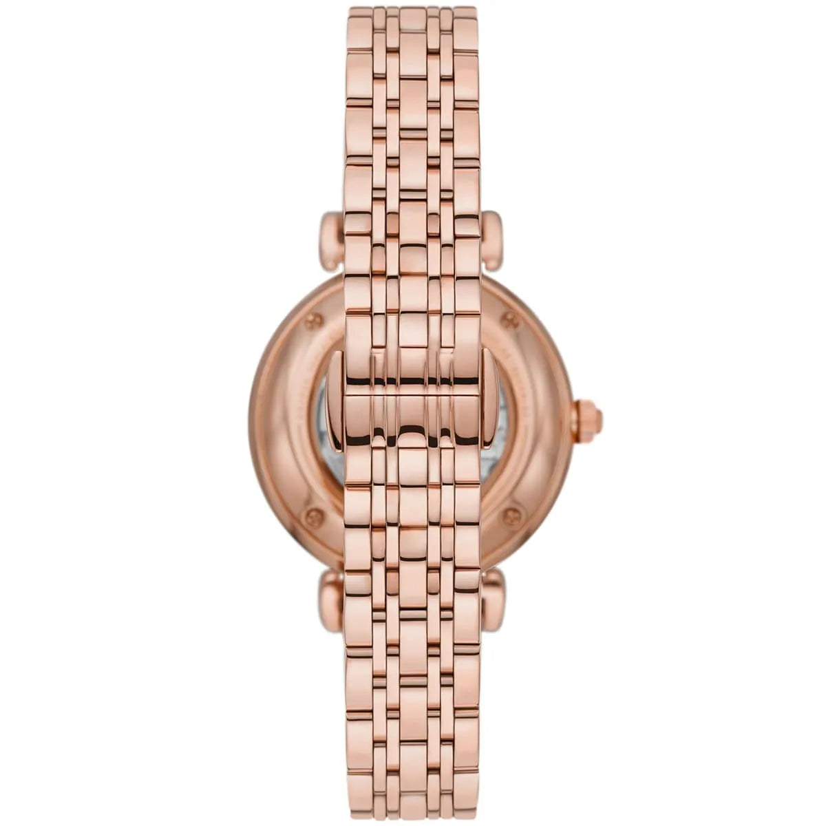 Emporio Armani Meccanico Gianni watch side view showing T-bar design and rose gold steel bracelet