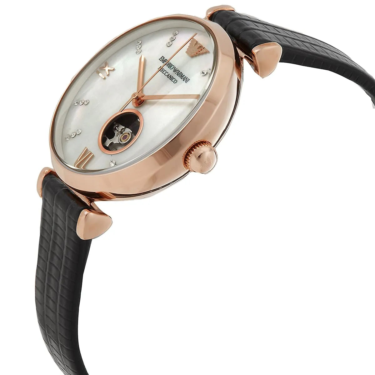Angled view of Emporio Armani Gianni T-Bar automatic watch with skeleton tourbillon