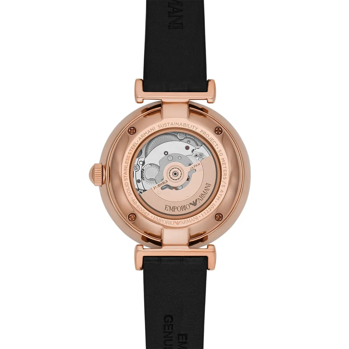 Caseback detail of Emporio Armani automatic movement with visible mechanism