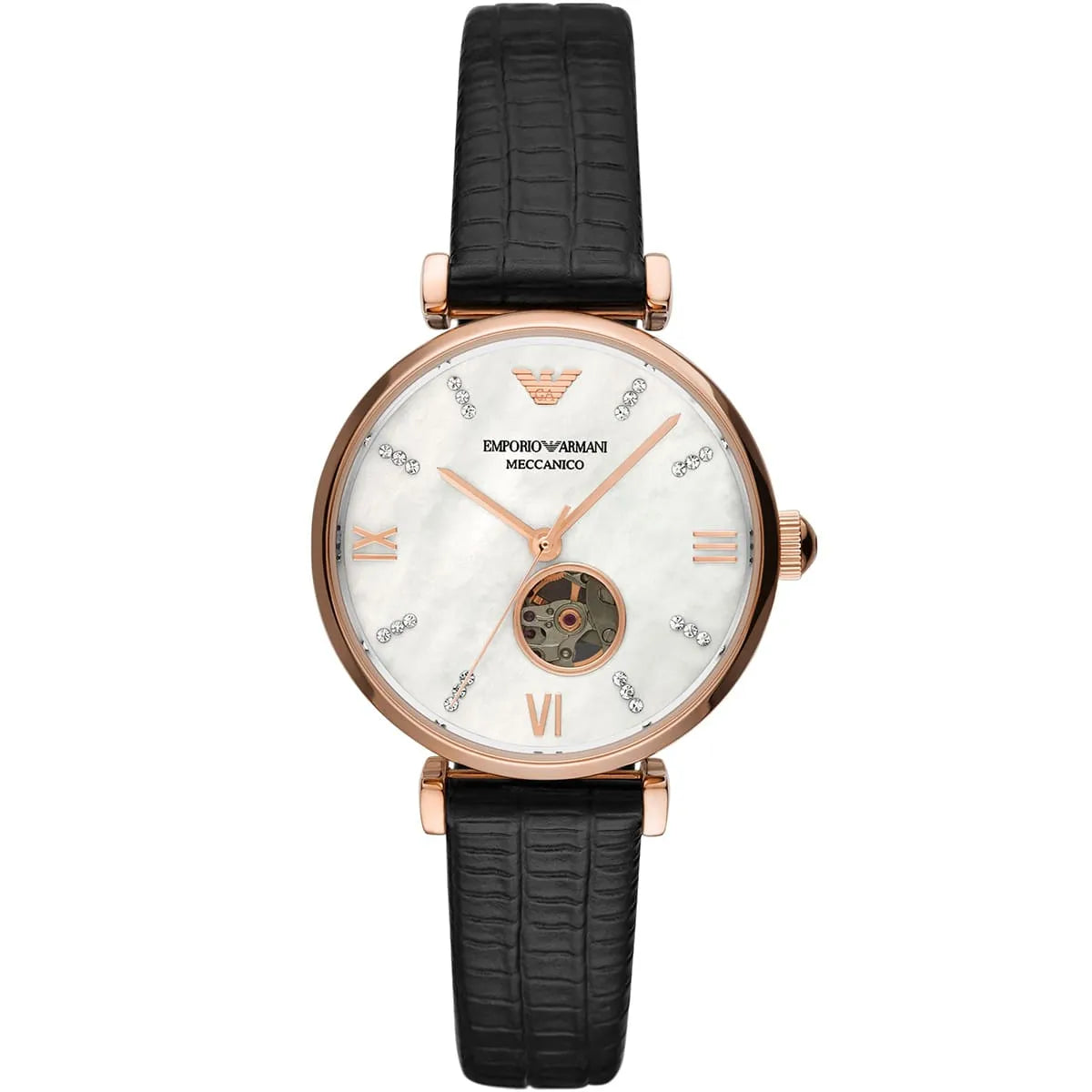 Front view of Emporio Armani Gianni T-Bar ladies watch with visible skeleton tourbillon