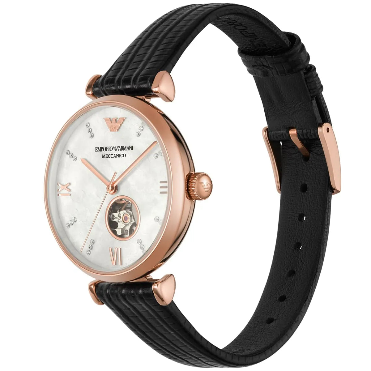 Emporio Armani Gianni T-Bar watch worn on wrist showing white dial and black leather strap