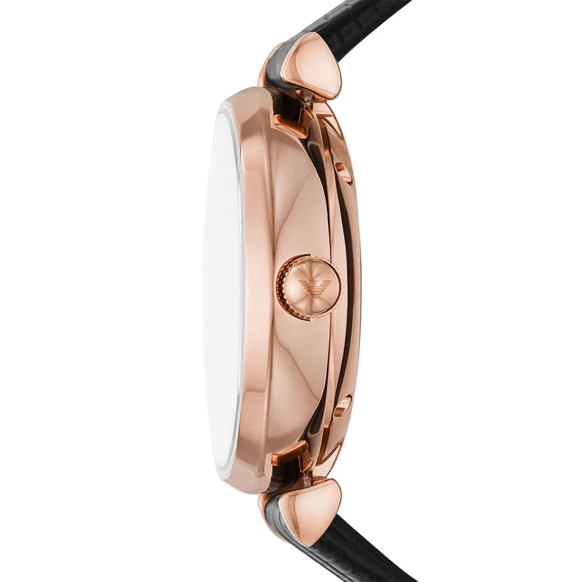 Side profile of Emporio Armani Gianni T-Bar showing rose gold case thickness and strap