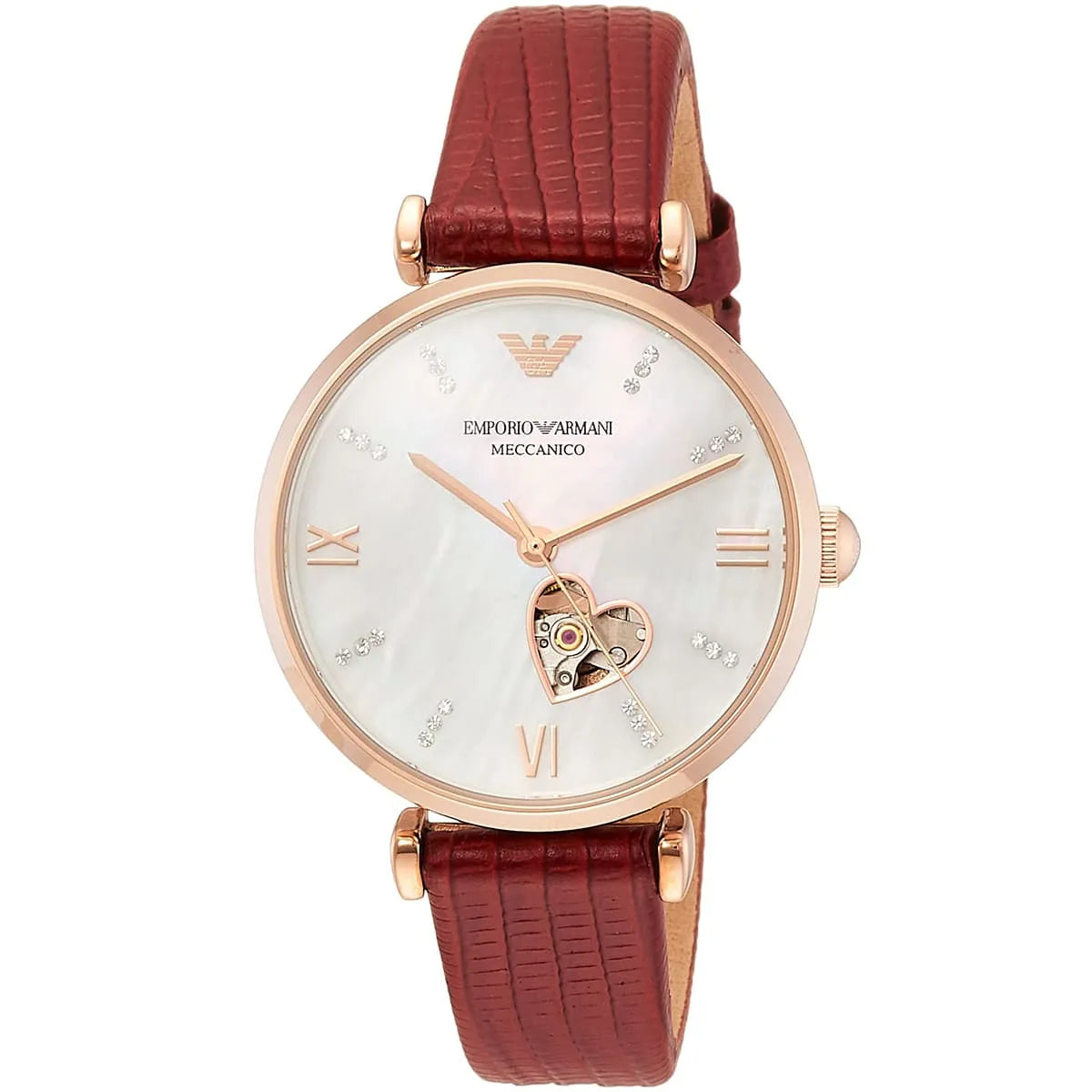 Emporio Armani Meccanico watch at angle showing open heart dial detail and rose gold case
