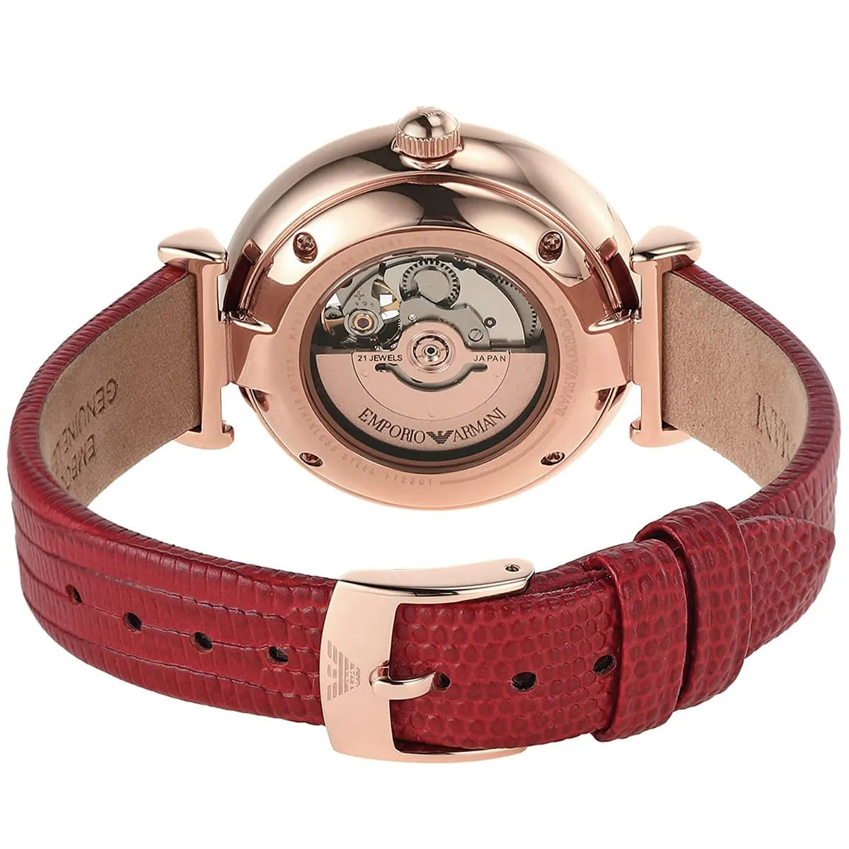 Emporio Armani Meccanico watch transparent caseback showing mechanical automatic movement visible