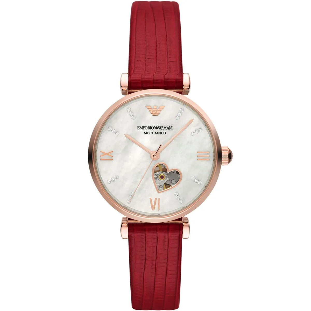 Emporio Armani Meccanico women's automatic watch with white mother-of-pearl dial and red leather strap