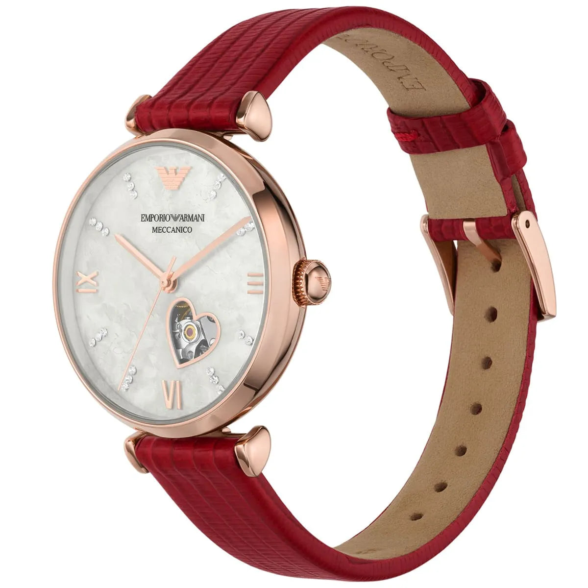 Emporio Armani Meccanico watch worn on wrist with red leather strap and rose gold case