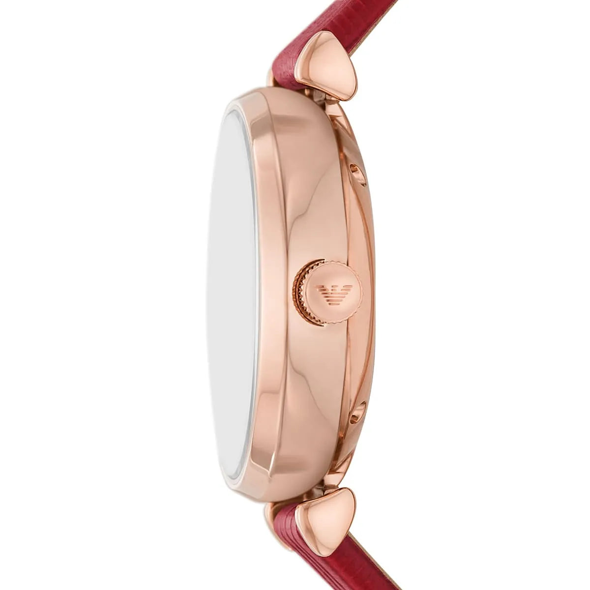Emporio Armani Meccanico watch side profile with red leather strap and rose gold case lugs
