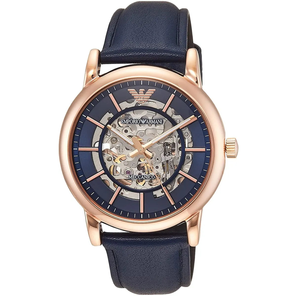 Emporio Armani Meccanico AR60050 watch at angle displaying rose gold case and blue leather strap