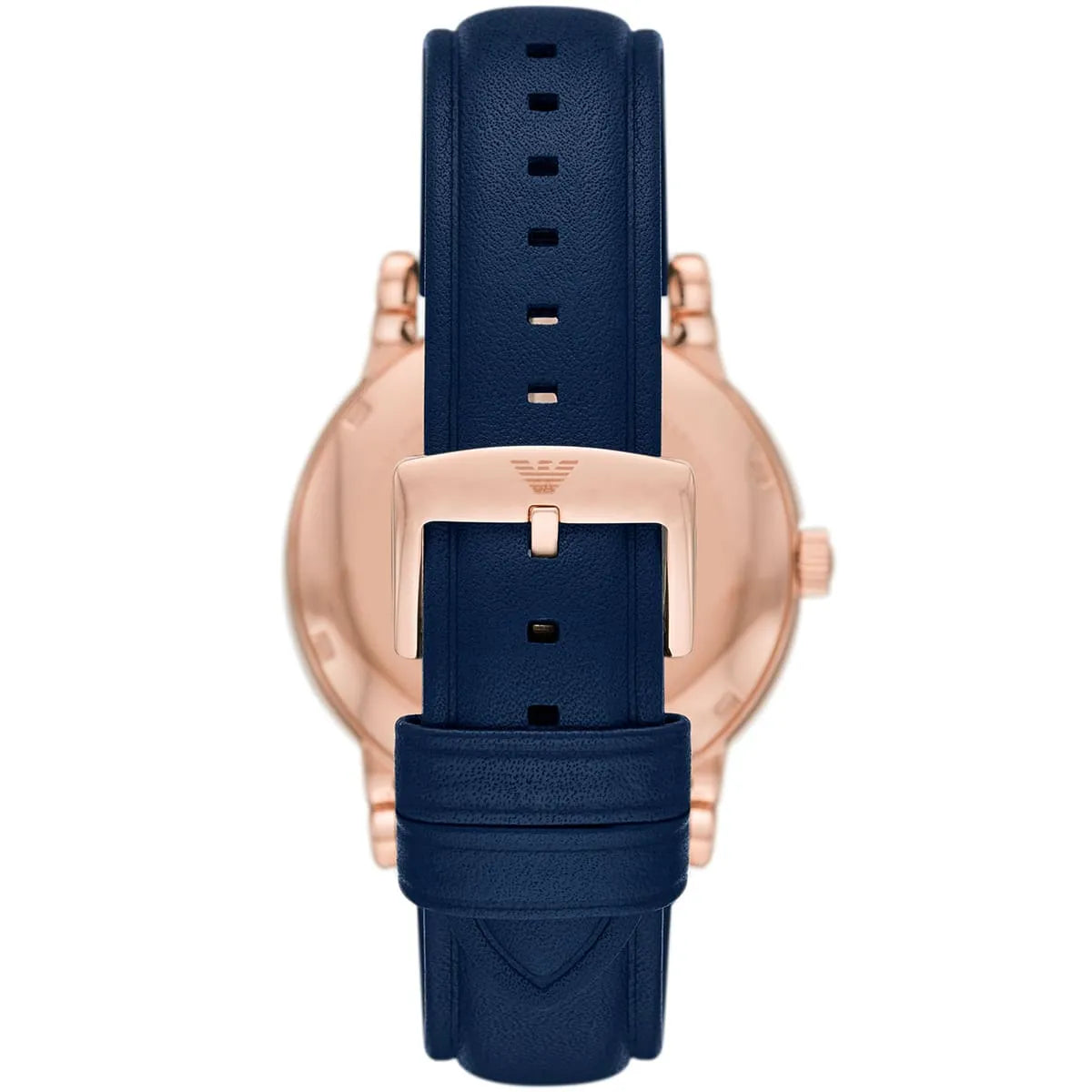 Emporio Armani Meccanico AR60050 caseback showing rose gold case with blue leather strap detail