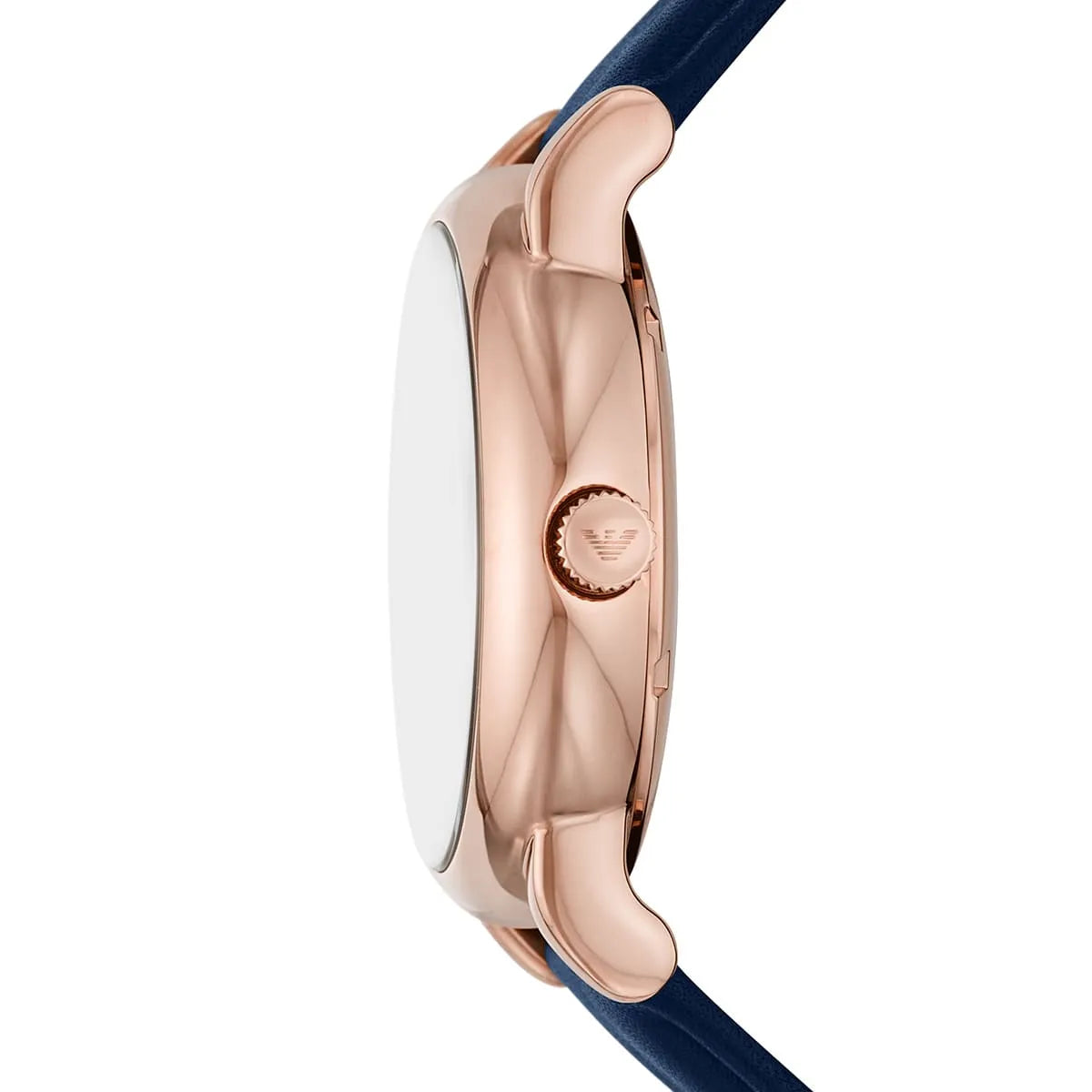 Emporio Armani Meccanico AR60050 watch in profile showing case thickness and blue leather band