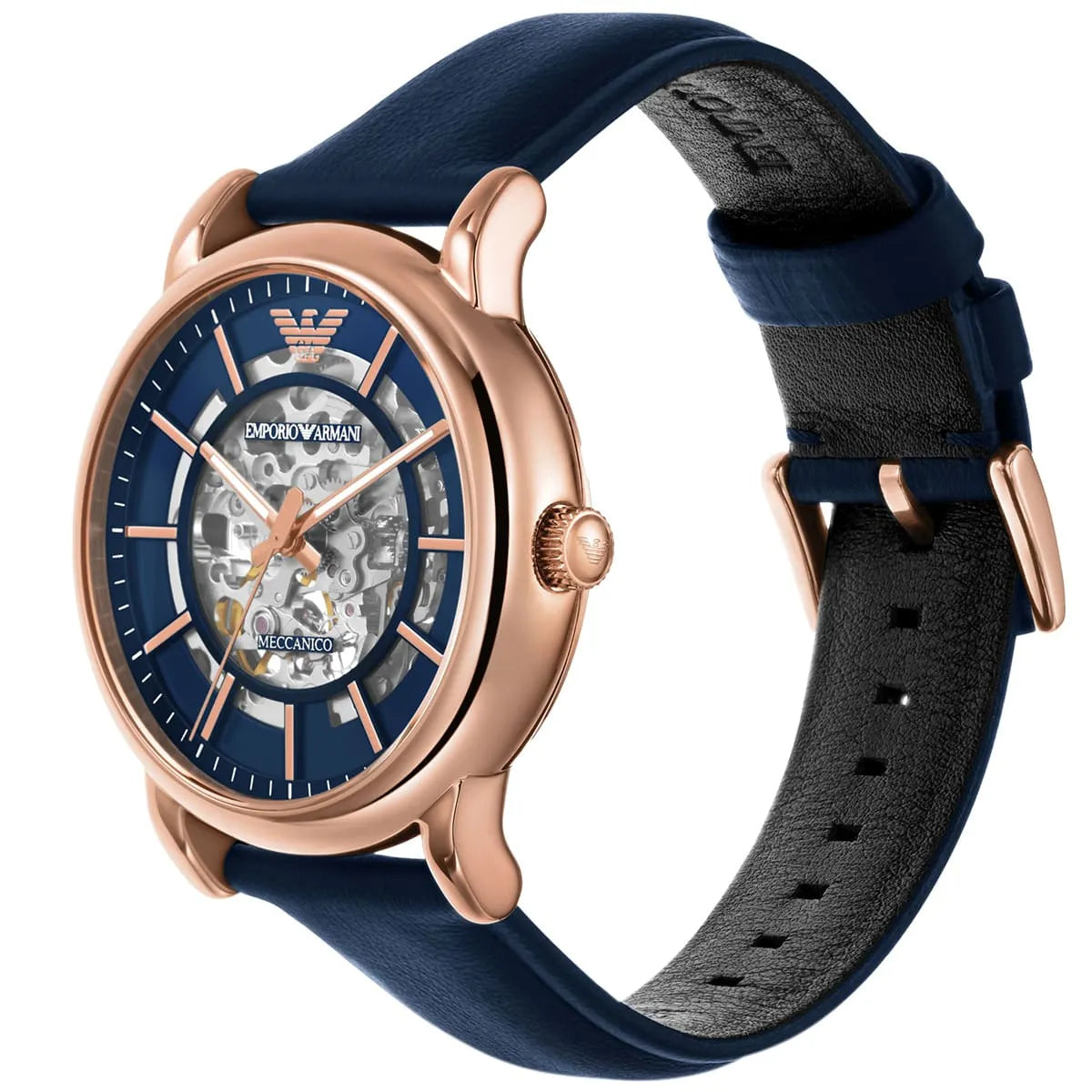 Emporio Armani Meccanico AR60050 side view of rose gold case with blue leather strap