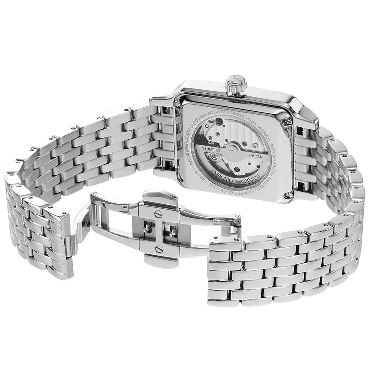 Emporio Armani Meccanico AR60067 caseback showing automatic movement mechanism and silver metal bracelet