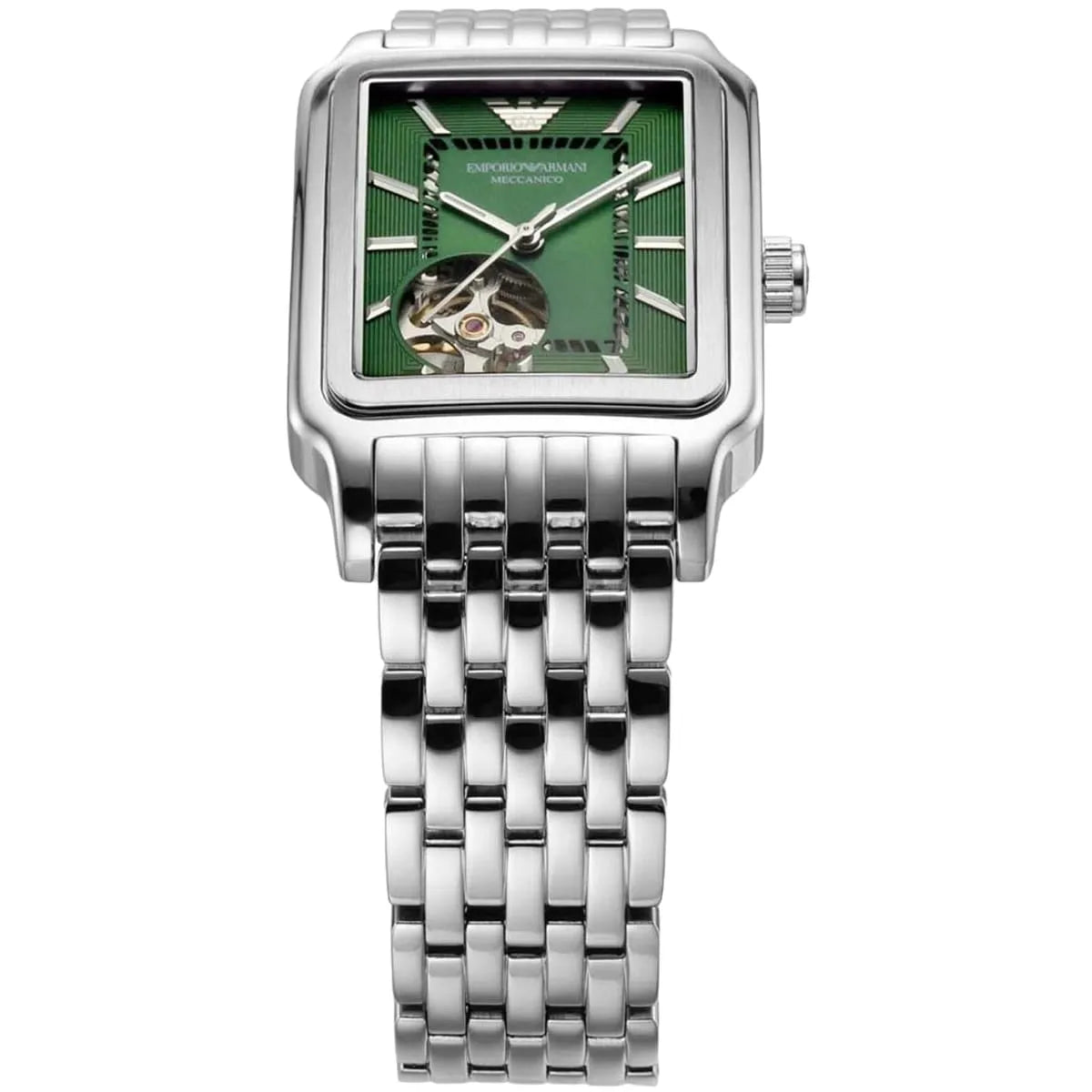Emporio Armani Meccanico AR60067 front view with rectangular square case, green dial, and open heart window displaying automatic movement