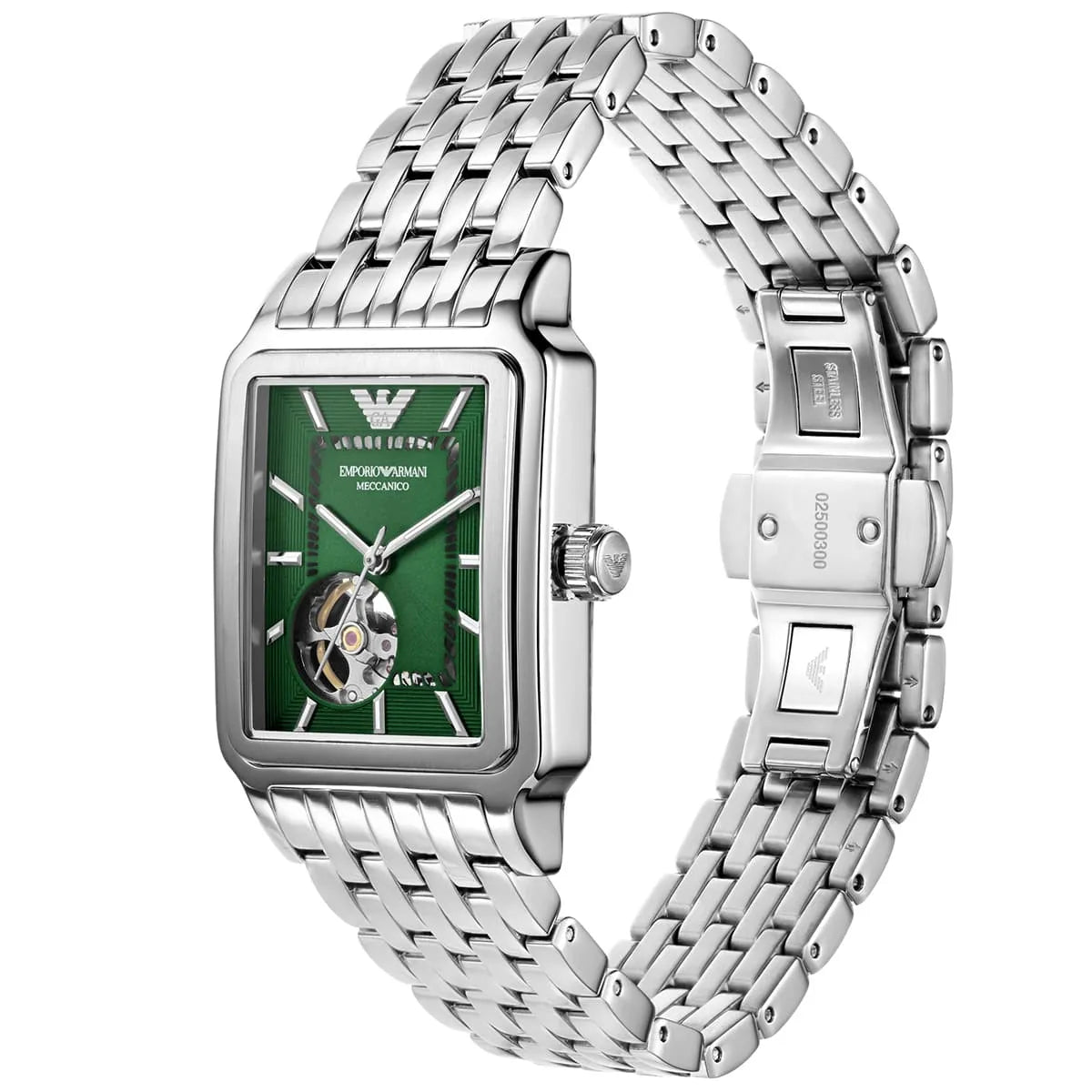 Emporio Armani Meccanico AR60067 watch on wrist showing square case, green dial with skeleton window, and silver bracelet