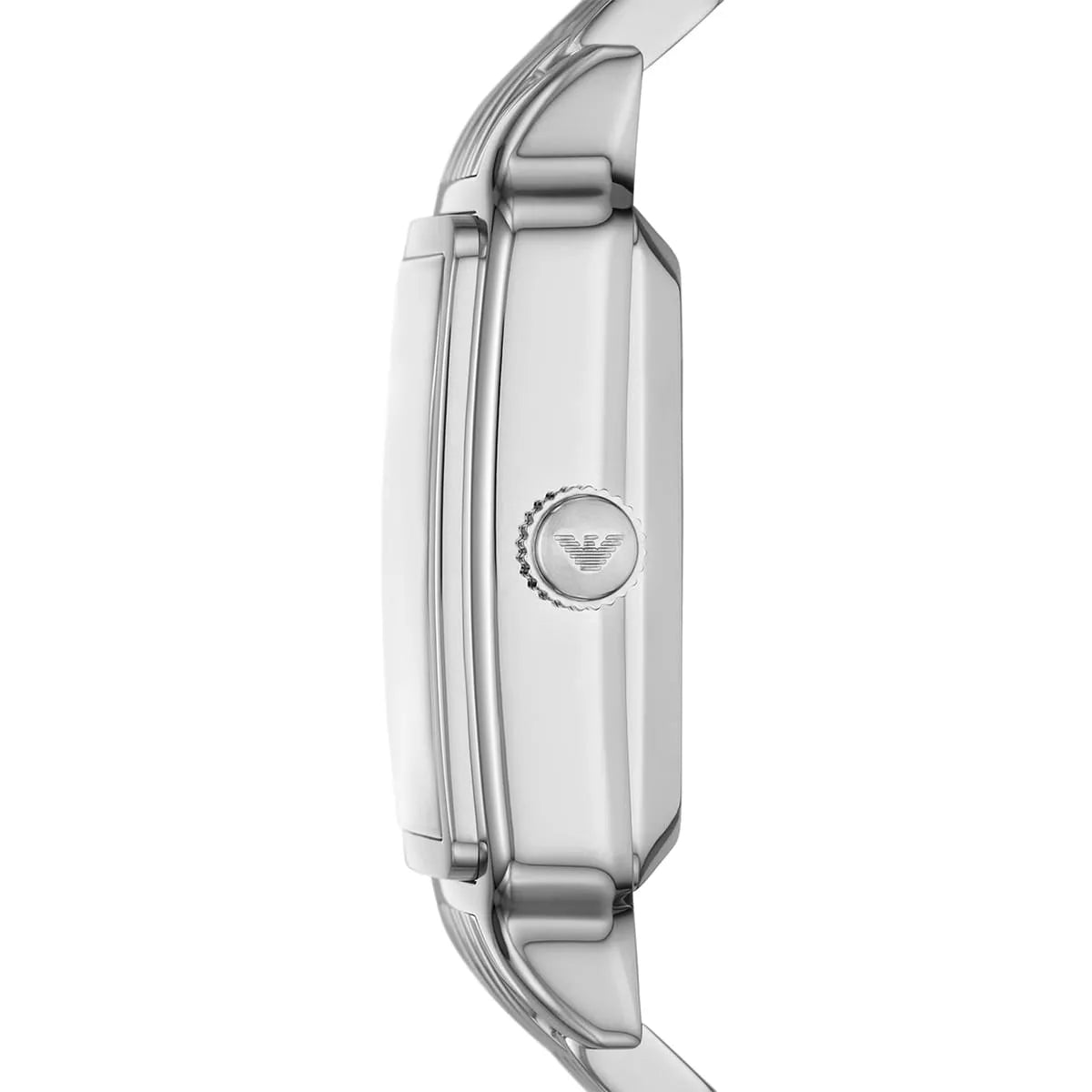 Emporio Armani Meccanico AR60067 watch side view showing case profile, crown, and silver metal bracelet depth