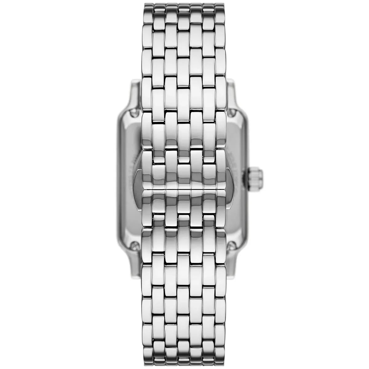 Emporio Armani Meccanico AR60067 side profile showing square case thickness and full silver metal bracelet
