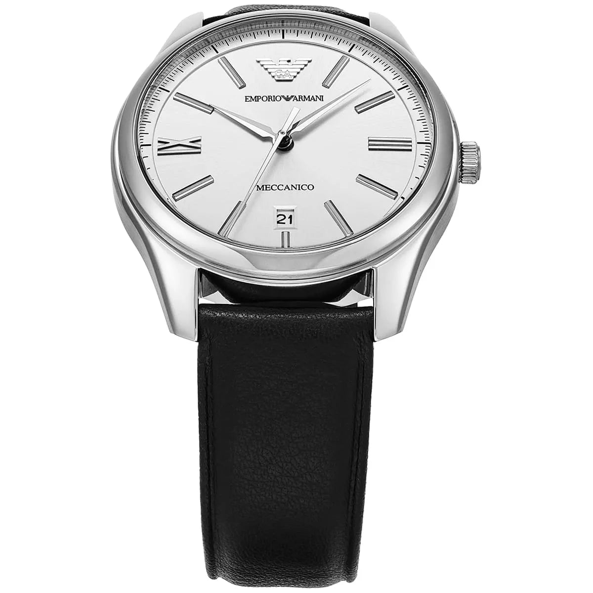 Emporio Armani AR60077 automatic watch angled view showing silver dial and black leather strap
