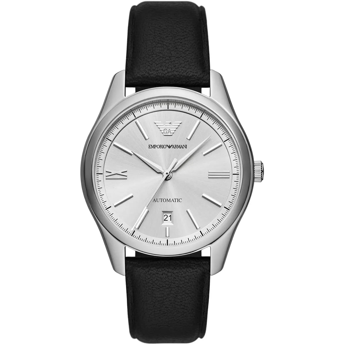 Emporio Armani AR60077 automatic watch with silver dial and black leather strap