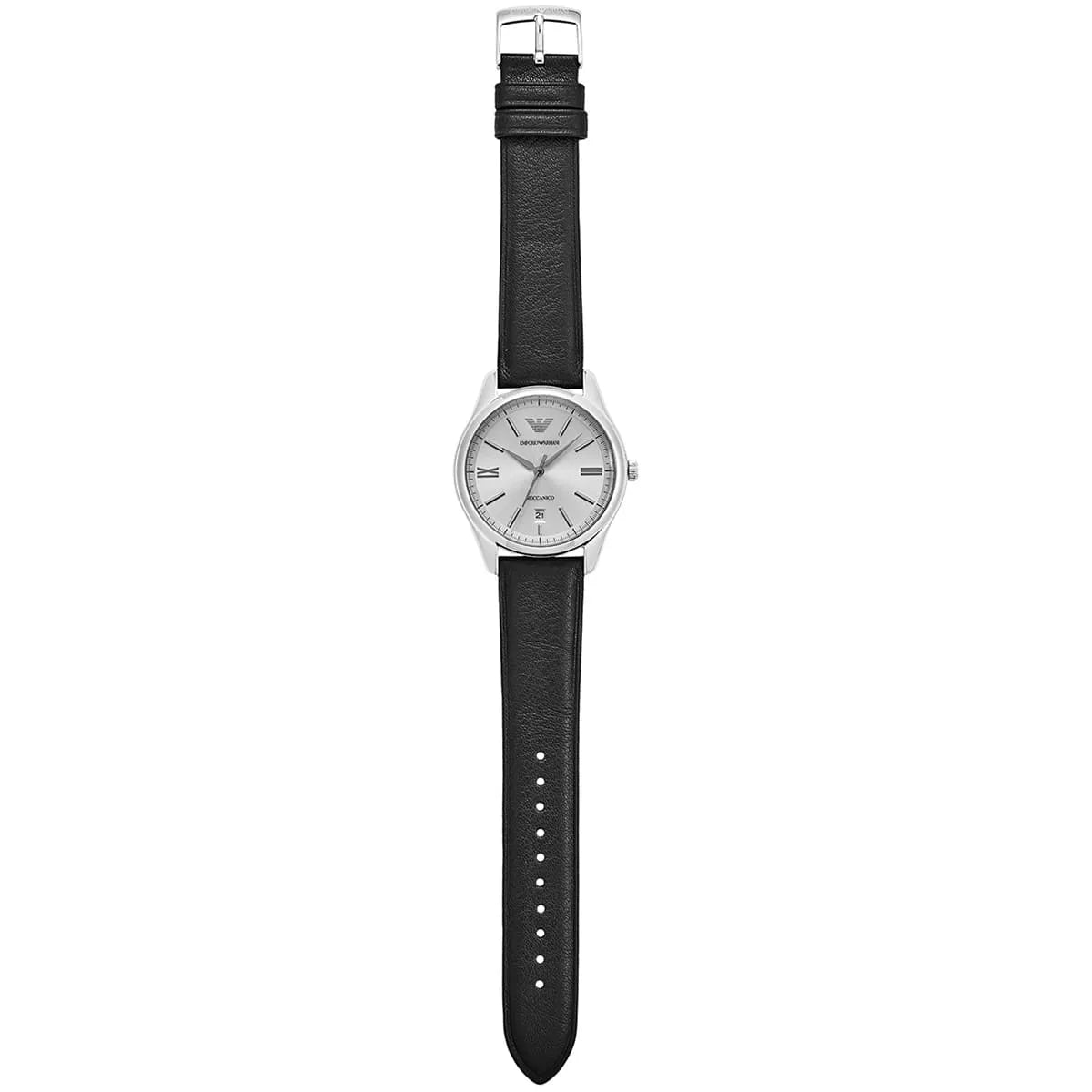 Emporio Armani AR60077 watch with extended black leather strap showing full length