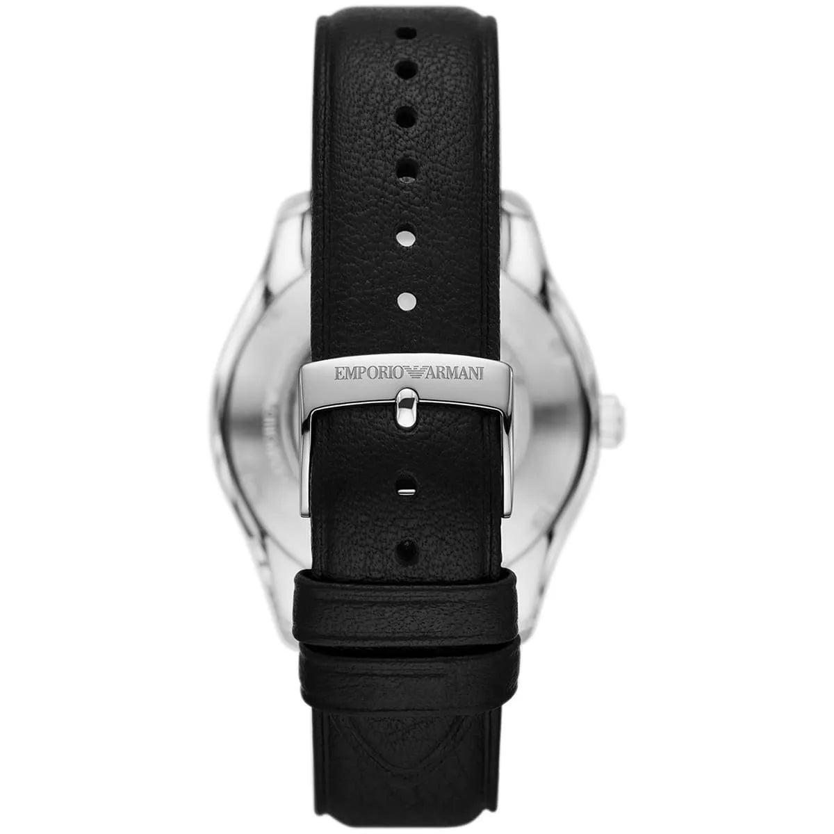 Emporio Armani AR60077 black leather strap with engraved logo and steel buckle