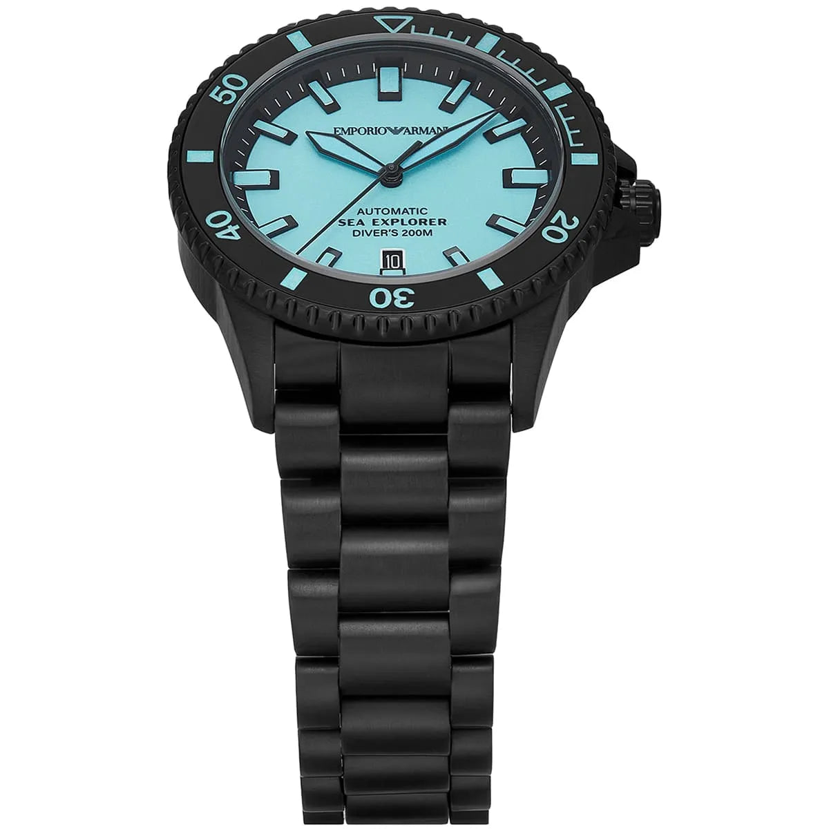 Close-up of Emporio Armani Sea Explorer dial showing turquoise face, hour markers, and rotating bezel