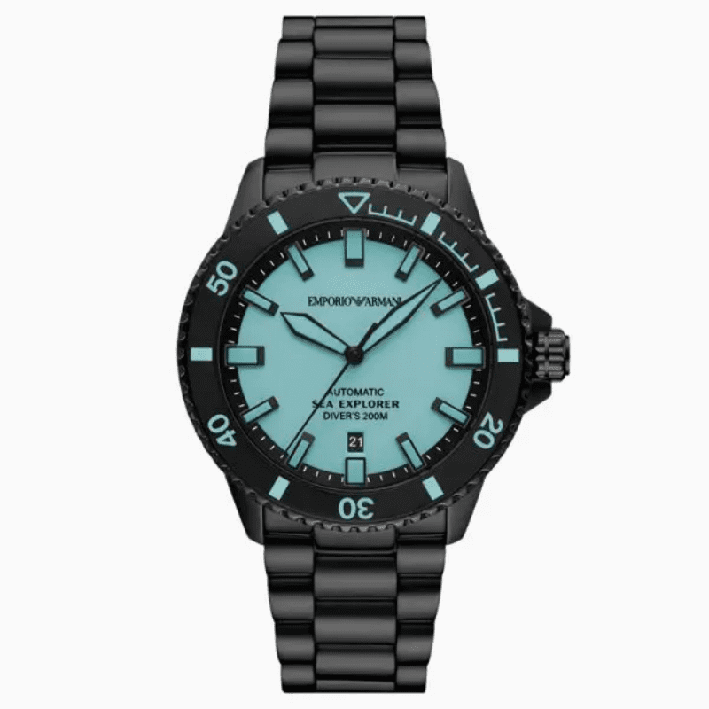 Emporio Armani Sea Explorer diving watch with light blue dial, diver's bezel, and date window