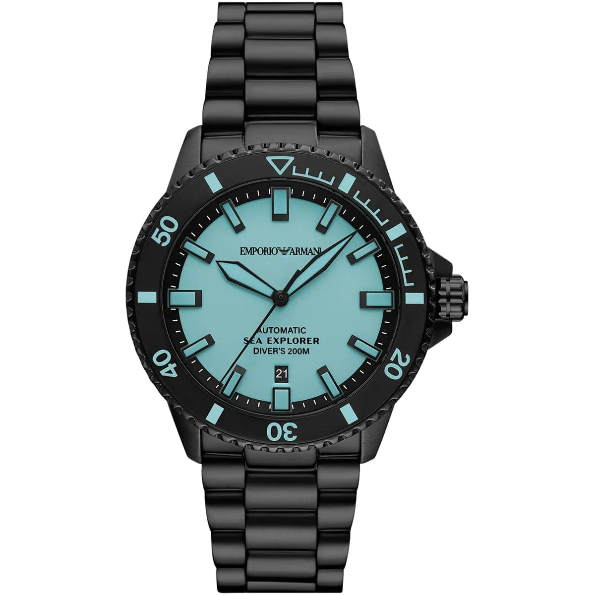 Emporio Armani Sea Explorer automatic watch with turquoise dial and black stainless steel bracelet