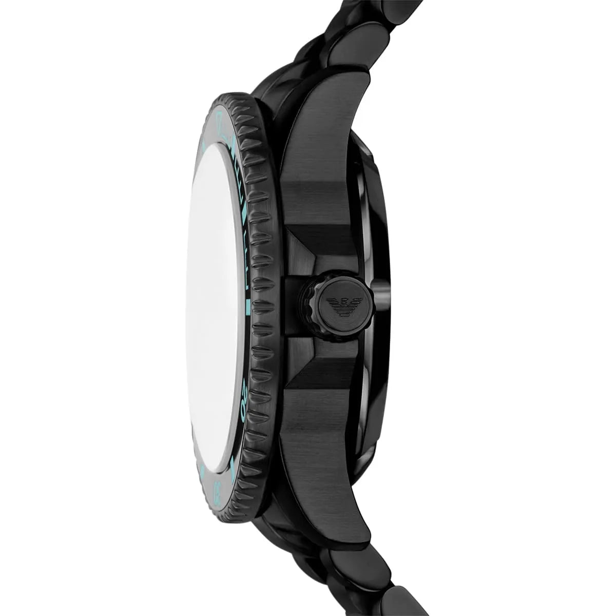 Emporio Armani Sea Explorer side view displaying case thickness, crown, and bracelet profile