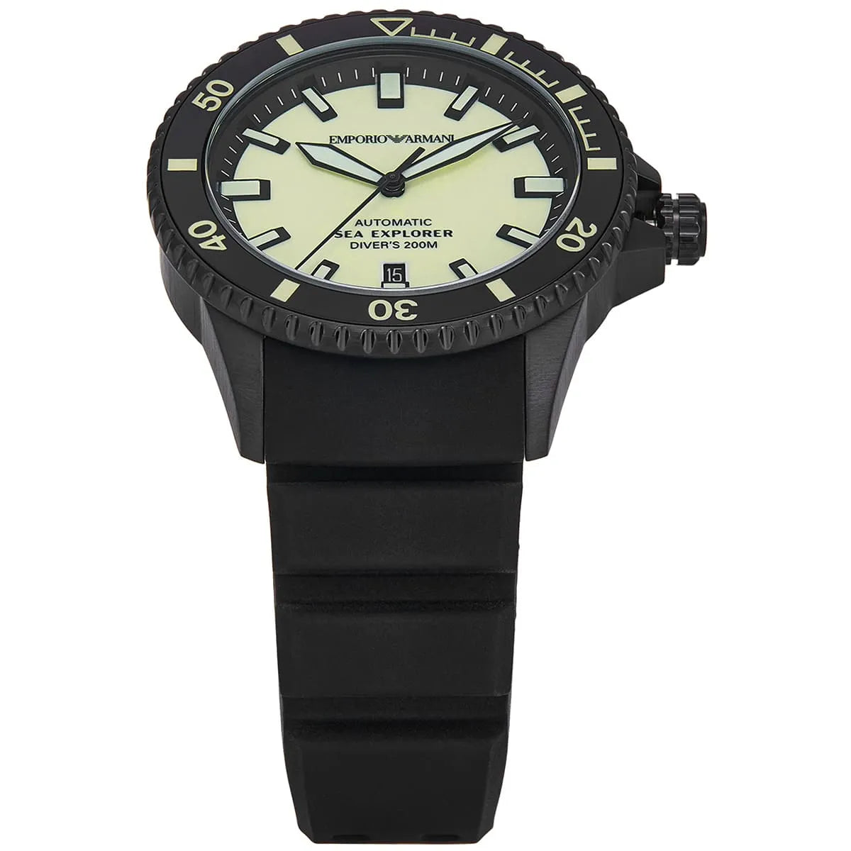 Emporio Armani Sea Explorer watch at angle showing case and dial details