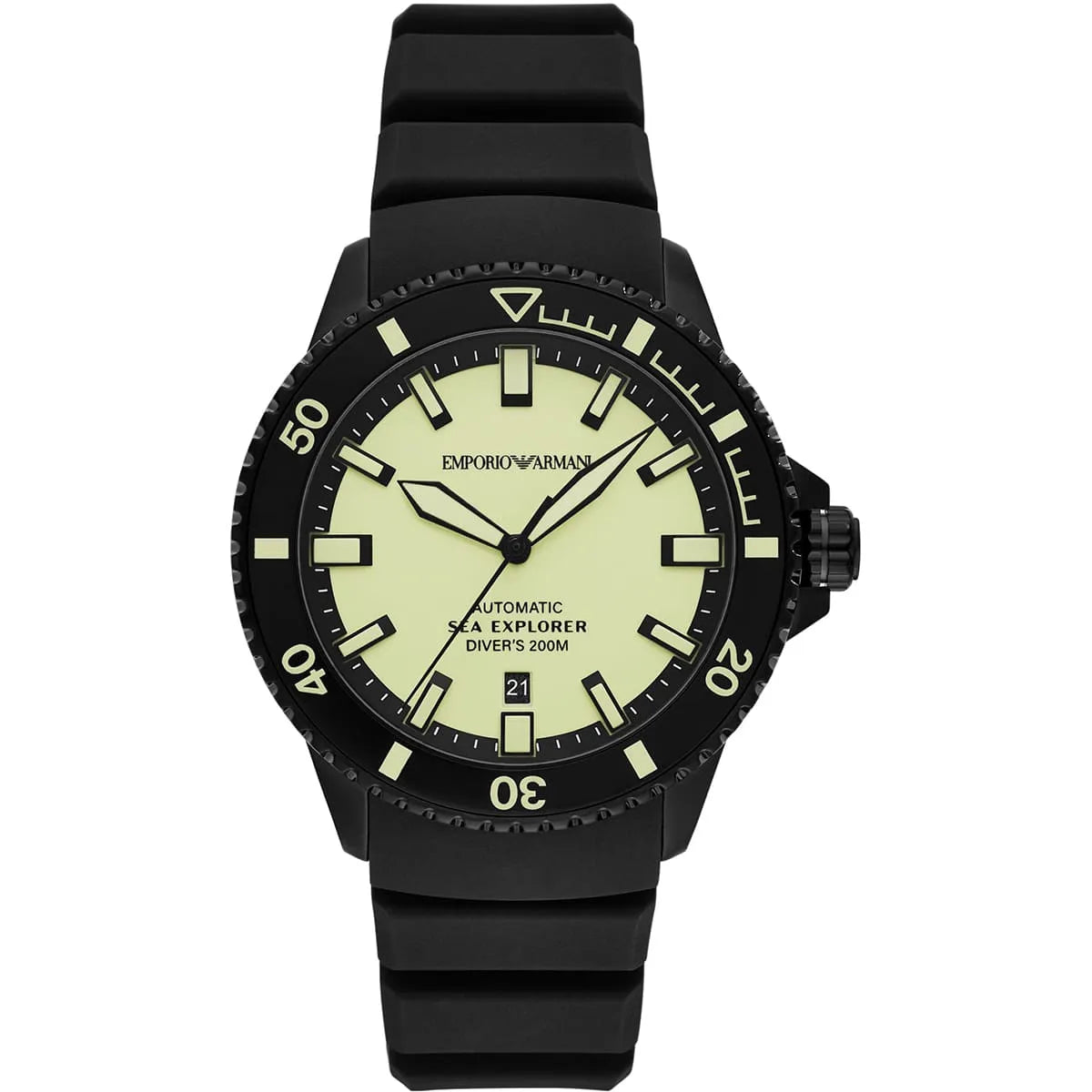 Emporio Armani Sea Explorer automatic watch with yellow dial and black silicone strap