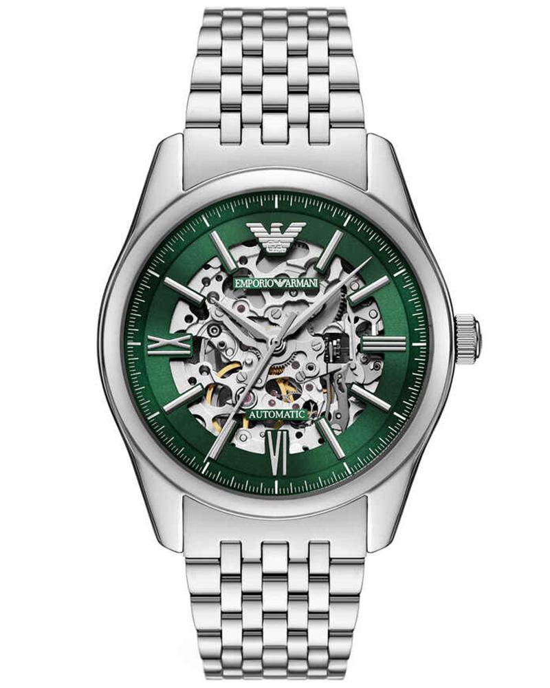 Emporio Armani AR60091 skeleton watch with green dial and stainless steel bracelet