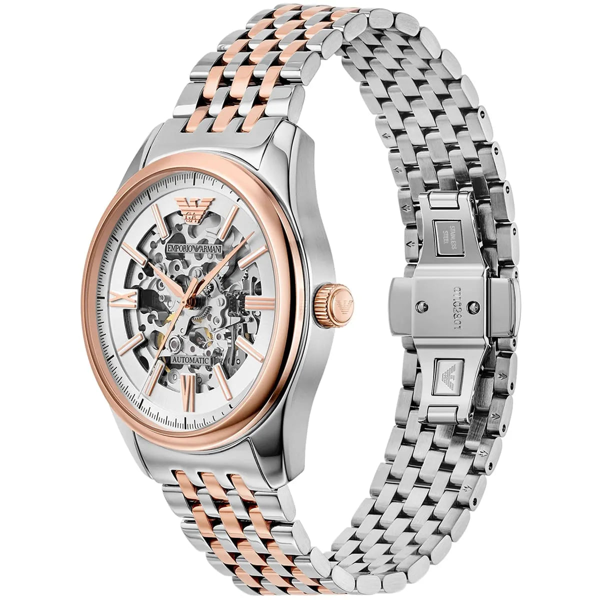 Angled view of AR60092 watch with two-tone bracelet and skeleton dial