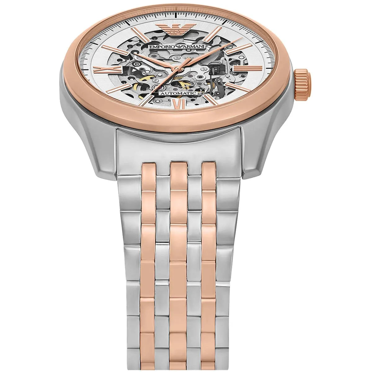 Skeleton dial showing visible automatic movement on Emporio Armani AR60092 watch