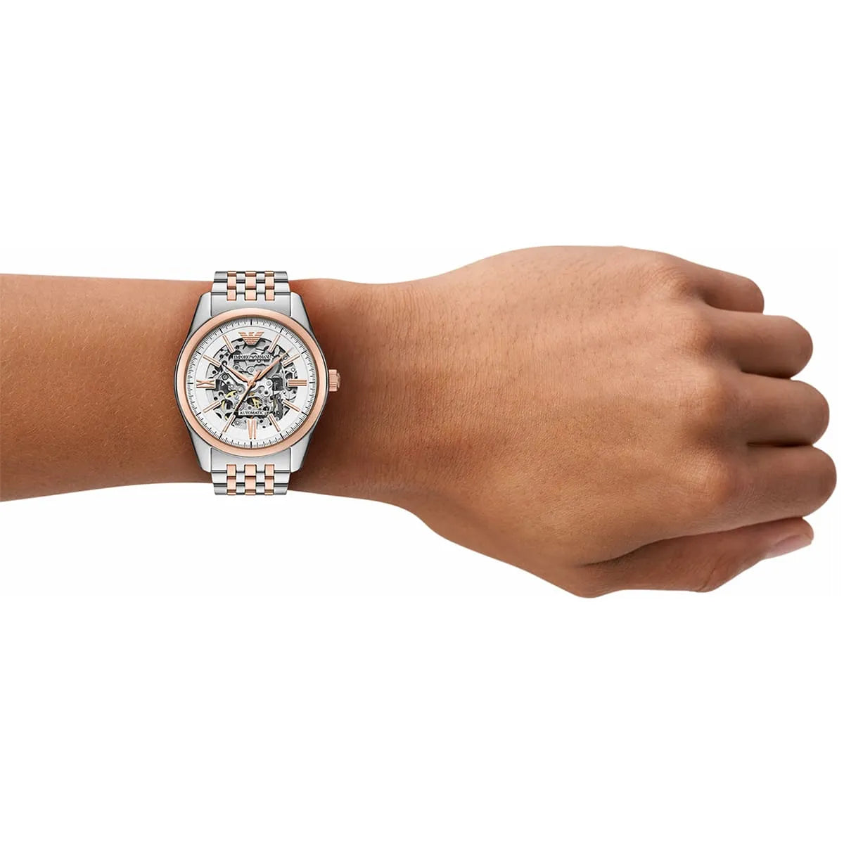 Emporio Armani AR60092 two-tone automatic watch worn on wrist