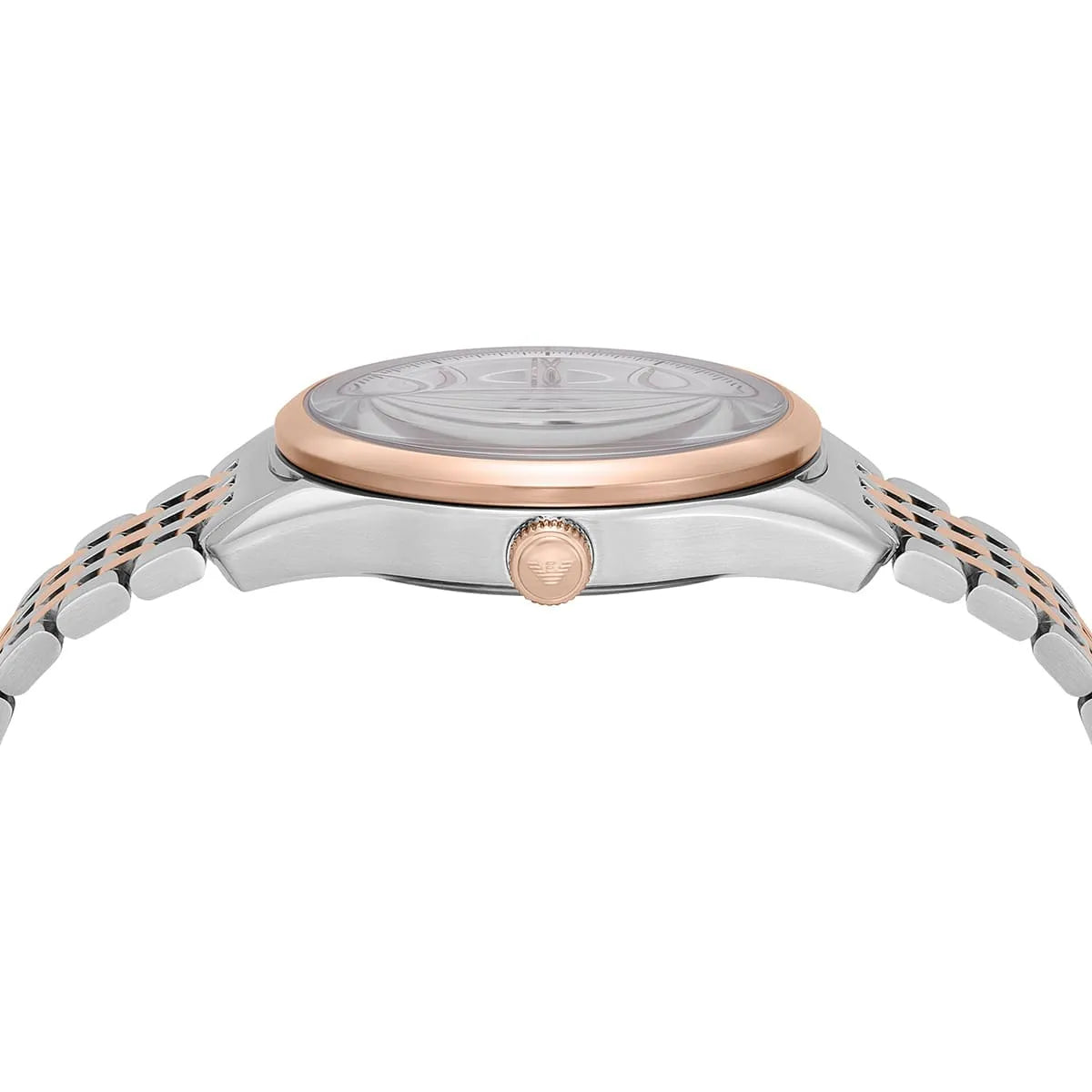 Side profile of Emporio Armani AR60092 showing rose gold bezel and two-tone bracelet