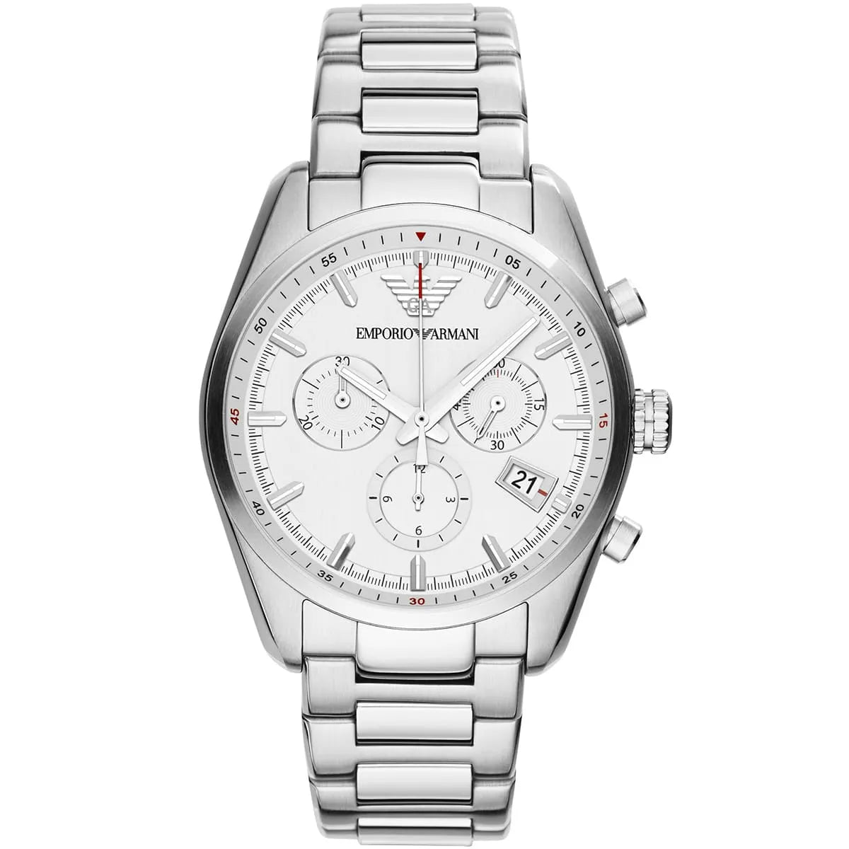 Emporio Armani Sportivo Chronograph AR6013 with white dial, stainless steel case, and metal bracelet
