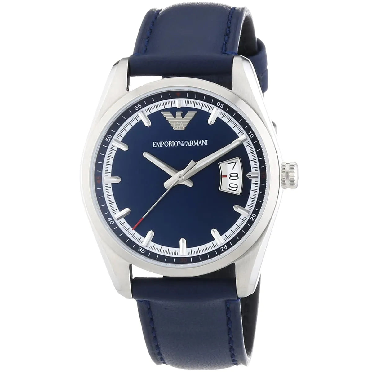 AR6017 New Tazio watch three-quarter view showing blue dial, silver case, and leather strap