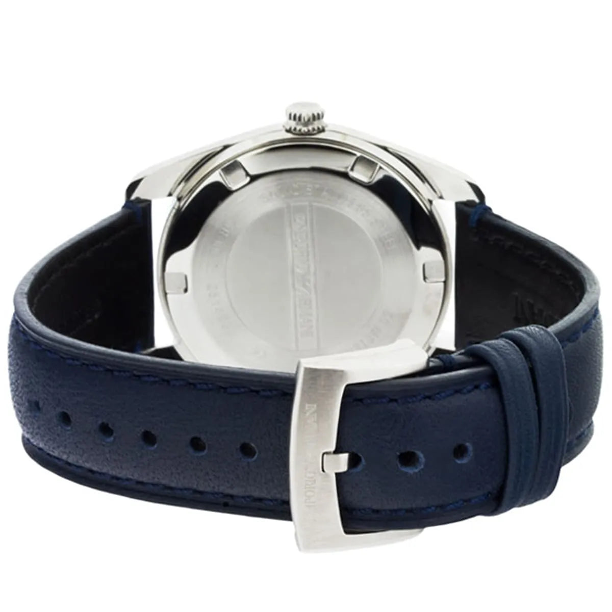 AR6017 caseback view displaying silver case back and leather strap attachment