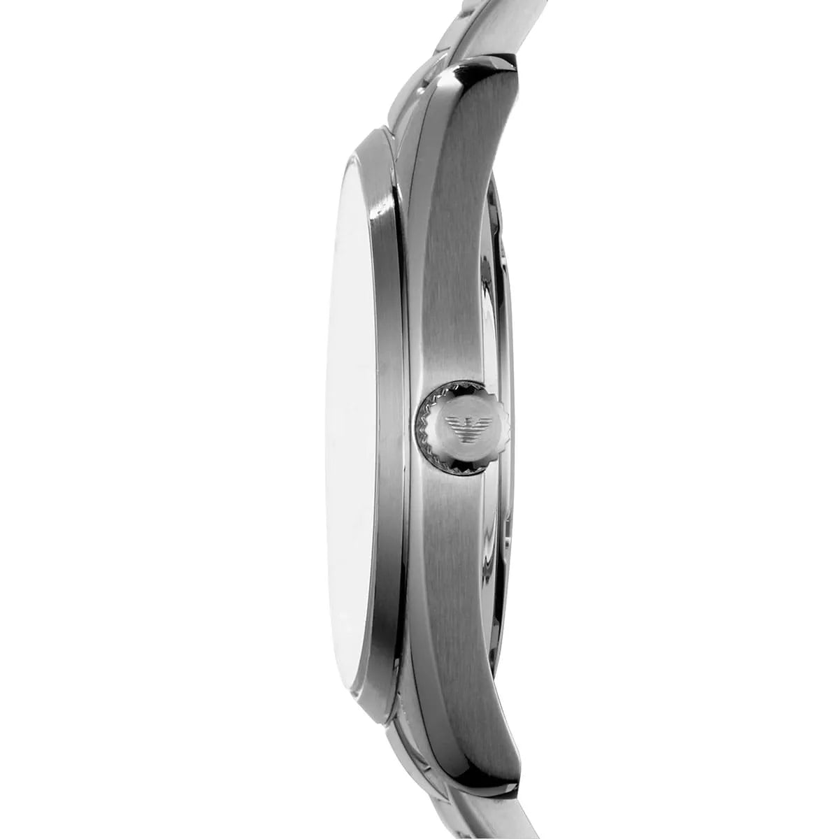 Side profile of Emporio Armani New Tazio Medium AR6019 watch showing case thickness and silver bracelet