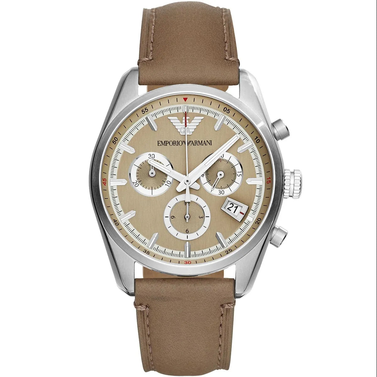 Emporio Armani New Tazio Large AR6042 men's watch with brown dial, chronograph subdials, and brown leather strap