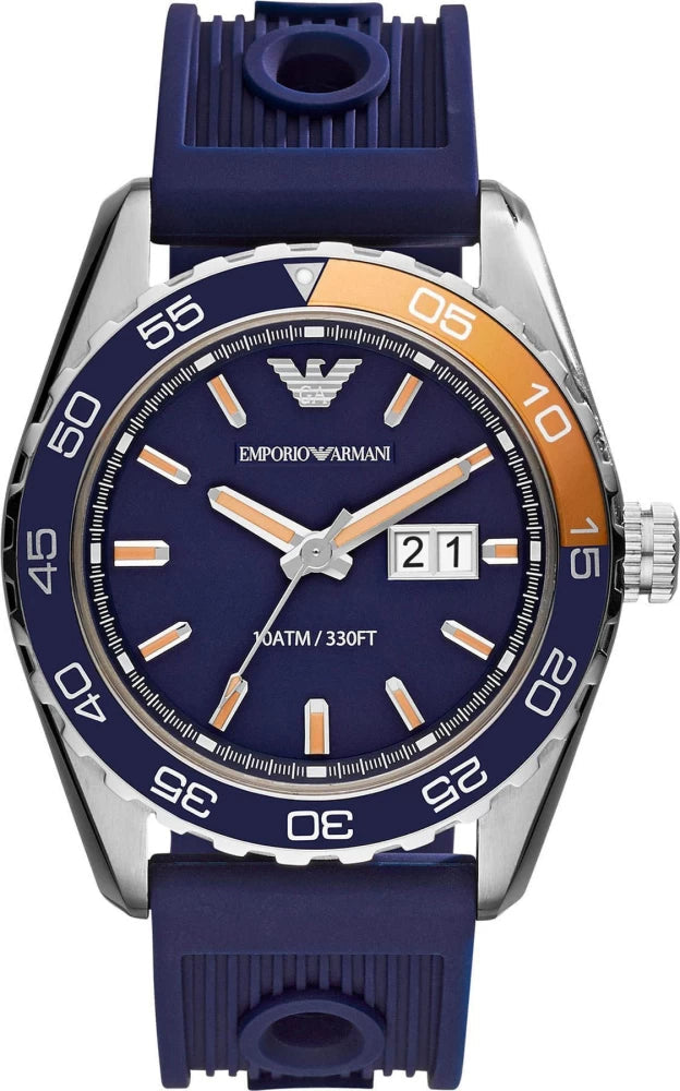 Emporio Armani Sportivo AR6045 men's watch with navy dial, orange bezel, and navy silicone strap