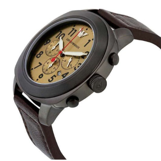 Emporio Armani AR6055 chronograph watch worn on wrist with leather strap