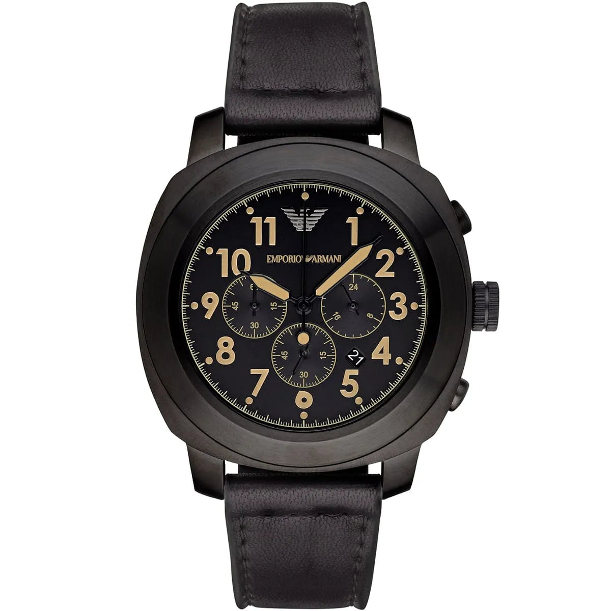 Emporio Armani AR6061 chronograph watch with black dial, gold numerals, and black leather strap