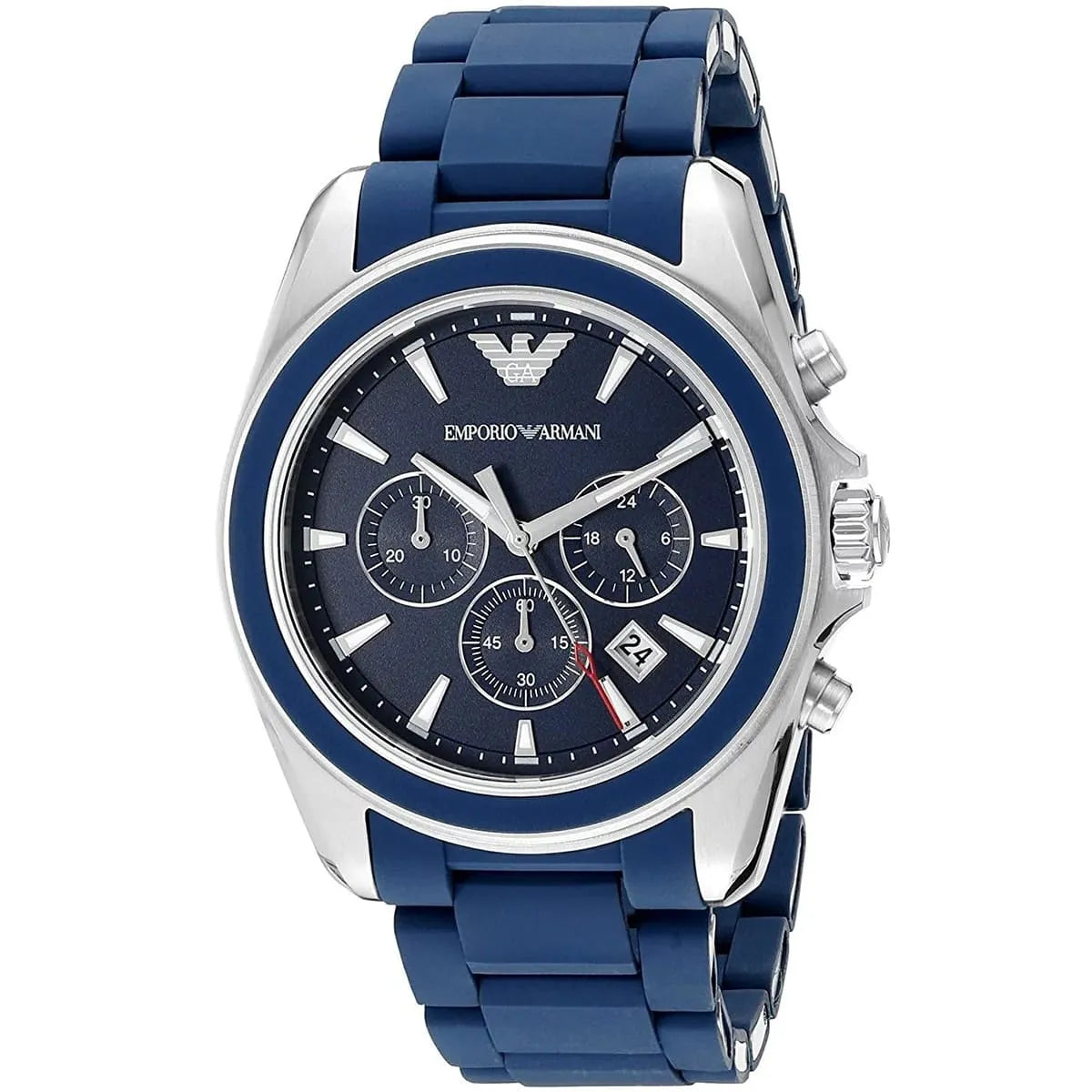 AR6068 Emporio Armani chronograph watch angled view showing blue dial and rubber strap