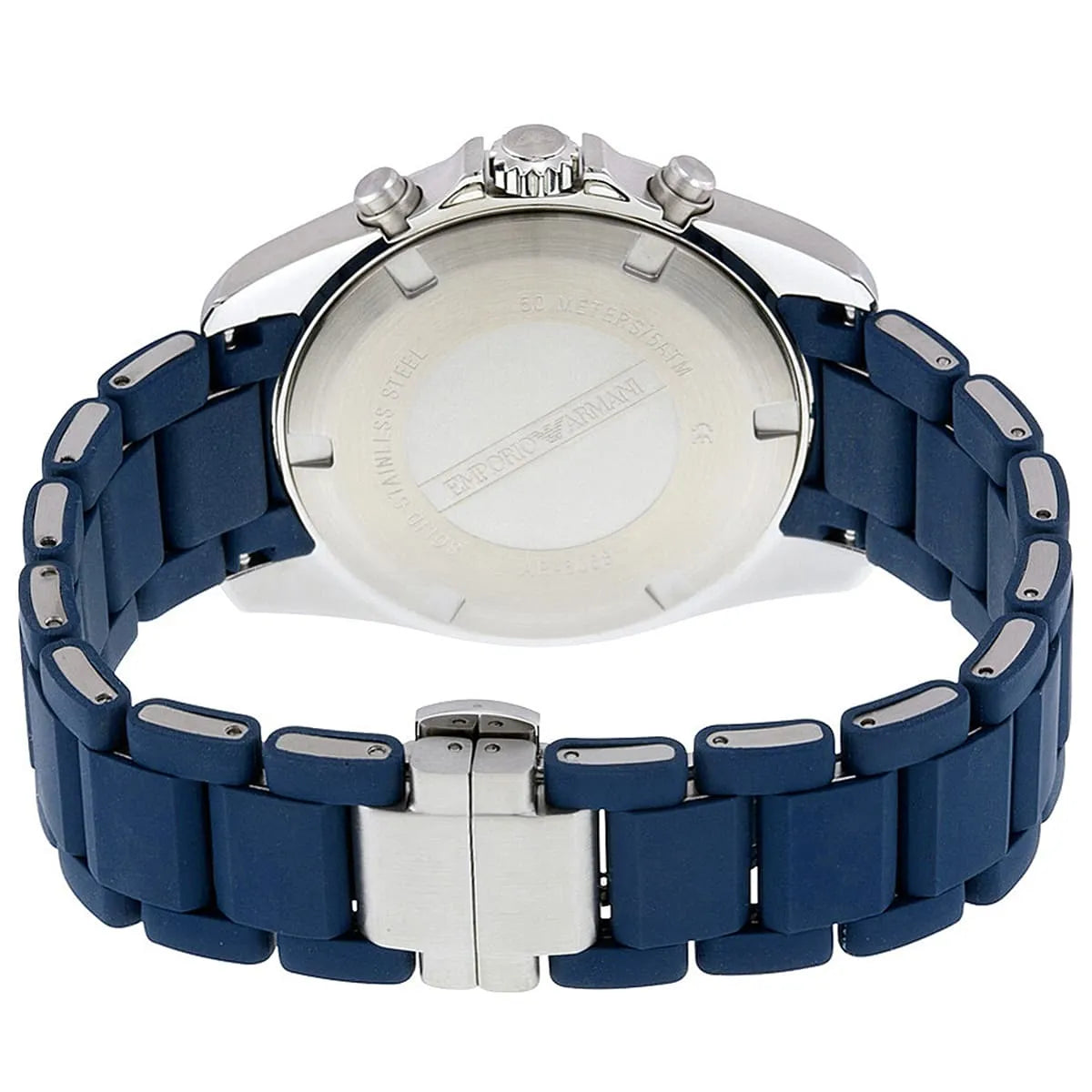 AR6068 Emporio Armani watch caseback with blue rubber strap and folding clasp